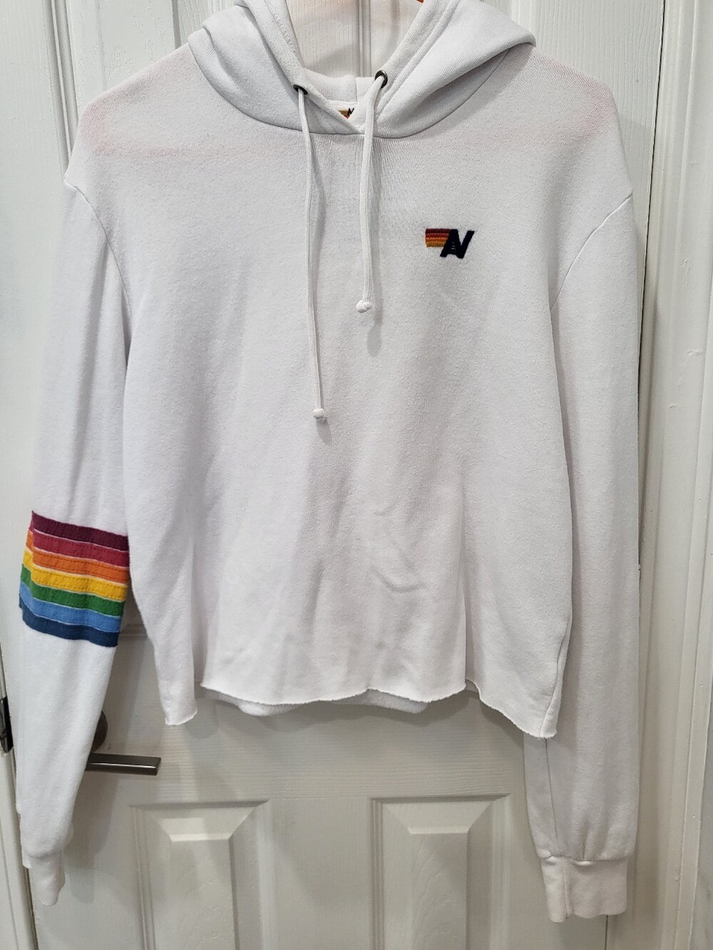 Aviator Nation Crop White Hoodie with Logo And Rainbow Stripe on Arm